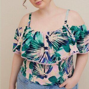 TORRID Crinkle Gauze Cold Shoulder Tropical Ruffle Top 4x
